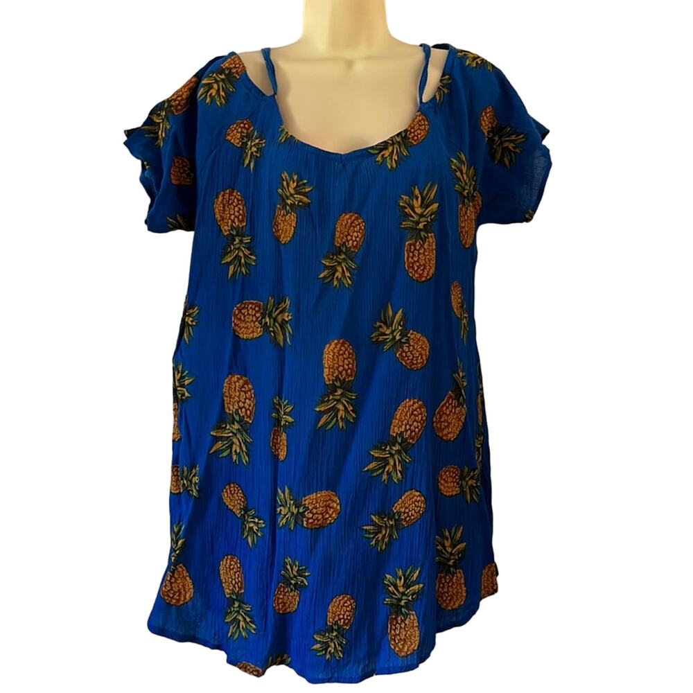 India Boutique Blue Pineapple Print Gauze Sundress Beach Coverup